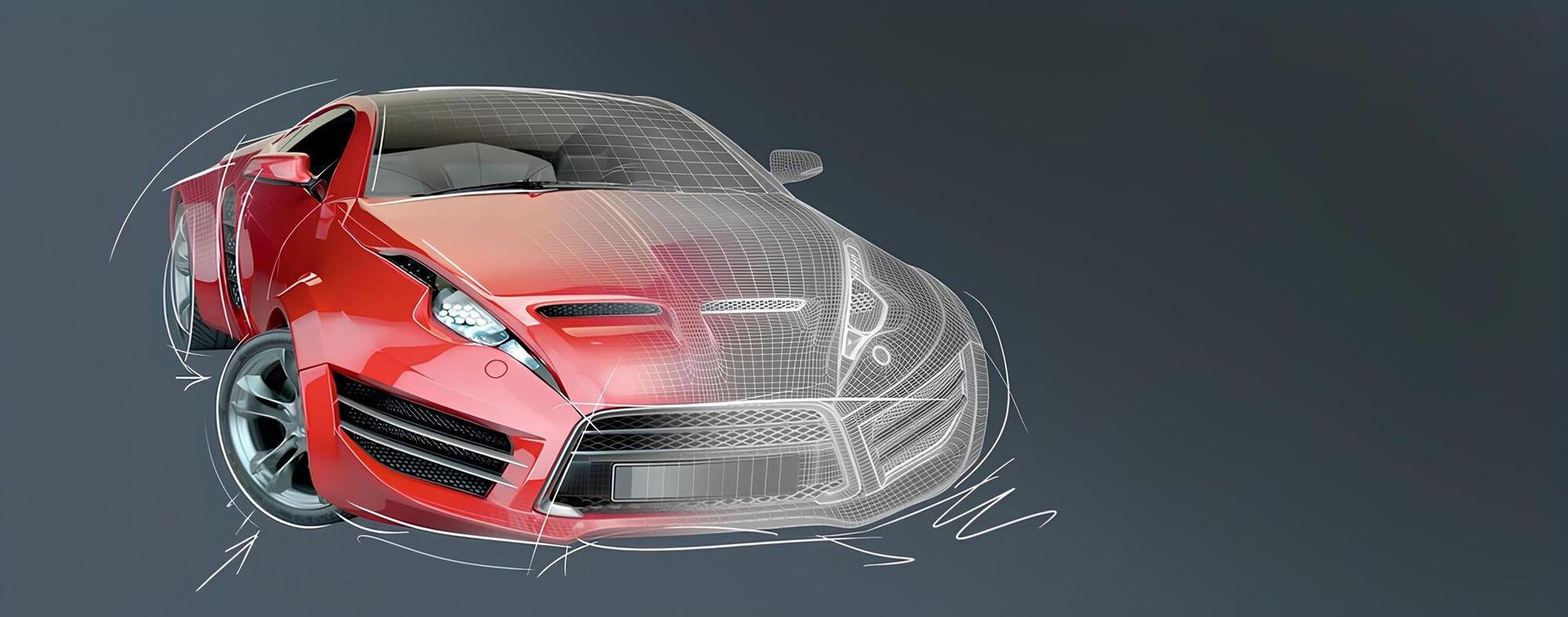 Red sports car model, the right half of which is depicted as a graphic on a gray background